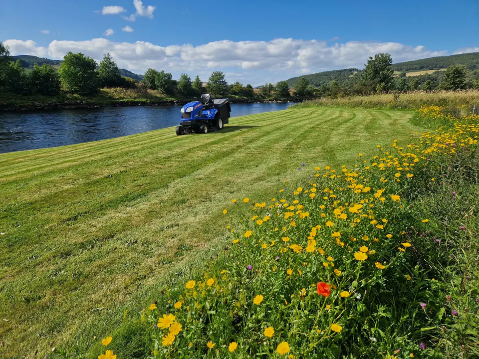 Ride-on mower maintaining a riverbank lawn beside a colourful wildflower margin